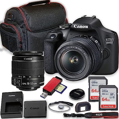 Canon EOS 2000D (Rebel T7) DSLR Camera: A Comprehensive Review with Canon EF-S 18-55mm Lens, 2X 64GB Memory Cards, and Accessories