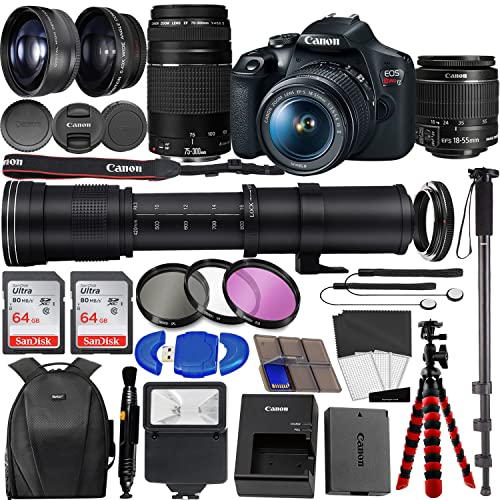 Canon EOS Rebel T7 DSLR Camera Bundle: Review, 18-55mm II Lens, 75-300mm III Lens, 420-800mm SuperZoom Lens, 128GB Memory, Filters, Flash, Monopod – Pros, Cons, and Recommendations