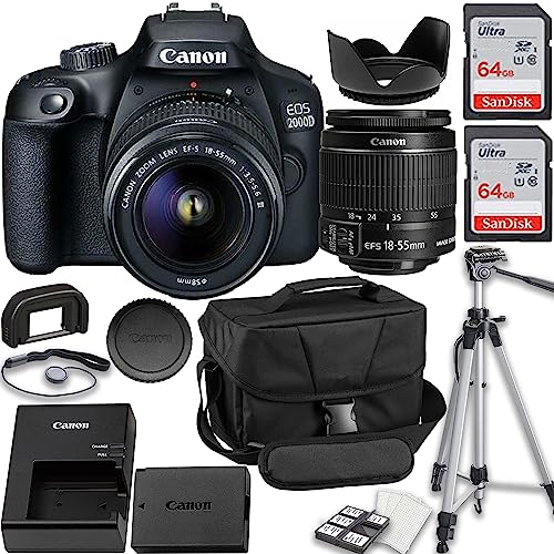 EOS 2000D (Rebel T7) DSLR Camera: Review, Features, and Comparison + EF-S 18-55mm Lens + 2X 64GB Memory Cards + Tripod & More