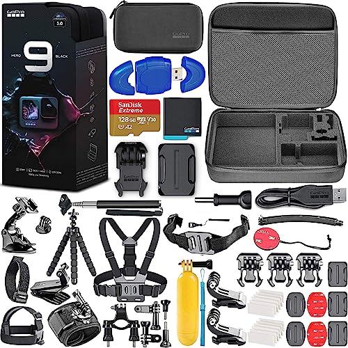 GoPro HERO9 Black Review: Waterproof Action Camera with Front LCD, Touch Rear Screens, 5K, 20MP Photos, 1080p Live Streaming, Stabilization + 128GB Memory, Card Reader + More (58pc Bundle)