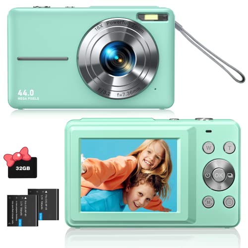 Review: Digital Camera with SD Memory Card Autofocus Anti-Shake, 44MP 1080P Photography Camera for Kids Teens Birthday, 16X Zoom Small Portable Vlogging Camera for Boy Girl Video(2 Batteries) Green